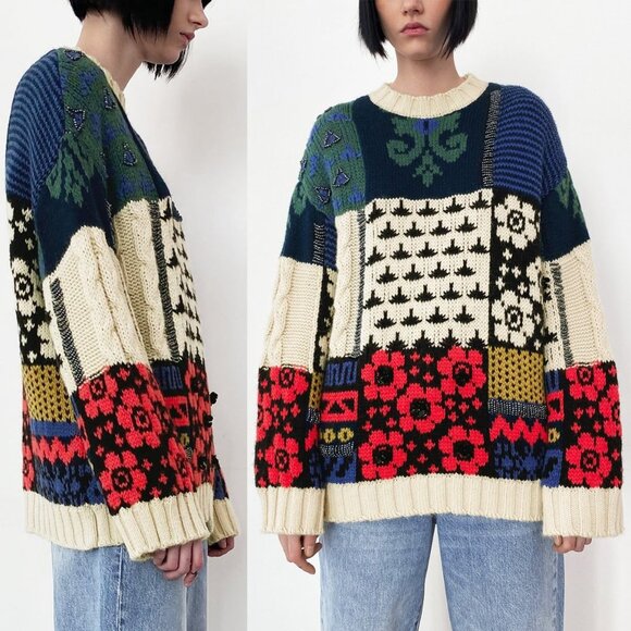 NEW Zara Patchwork Wool Blend Beaded Applique Oversize Sweater M Limited Edition - Picture 3 of 13